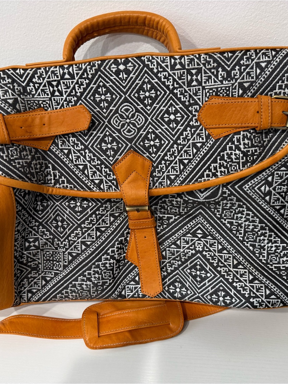 Black & Tan Carpet Leather Geometric Weekender Travel Bag; brand new, never used